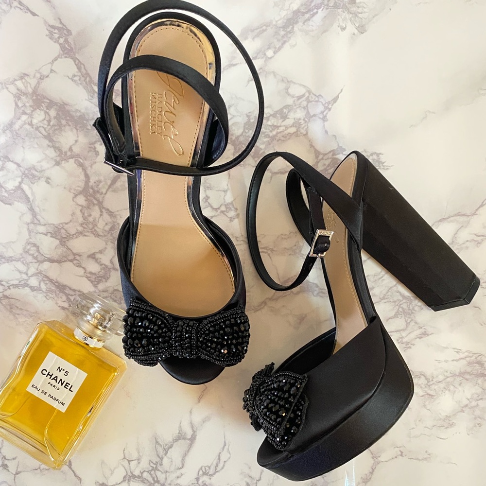 Badgley Mischka black satin platform heels with rhinestone bow